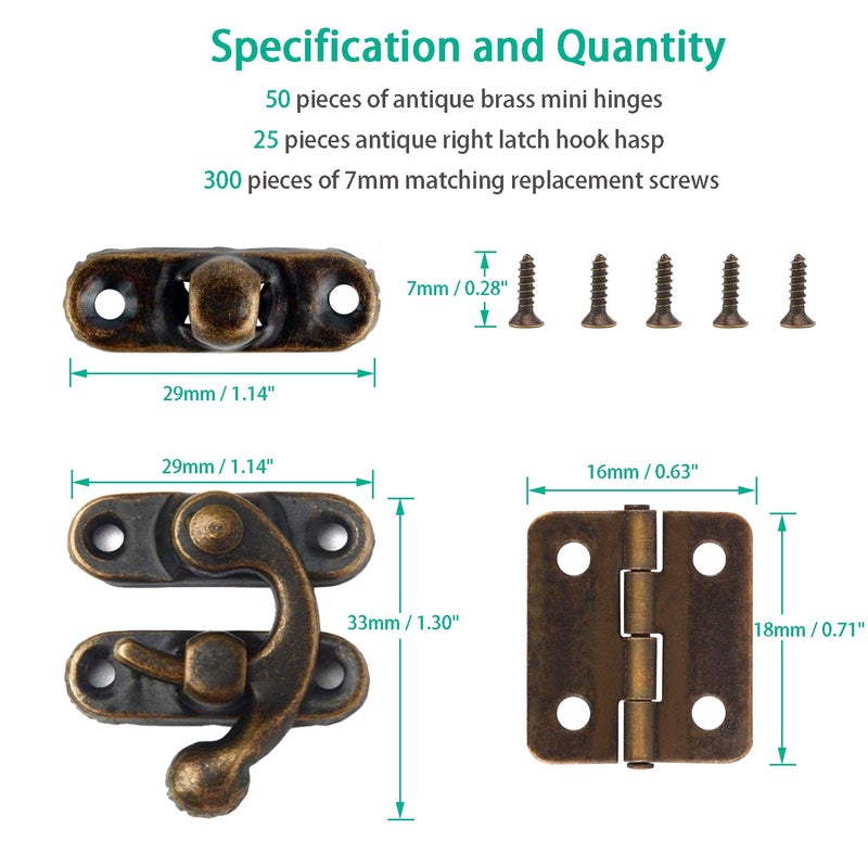 HOWDIA 25 Sets Antique Right Latch Hook Hasp and 50 Sets Antique Bronze Small Box Mini Hinges with Replacement Screws for Wood Jewelry Box, Bronze Tone - Image 2